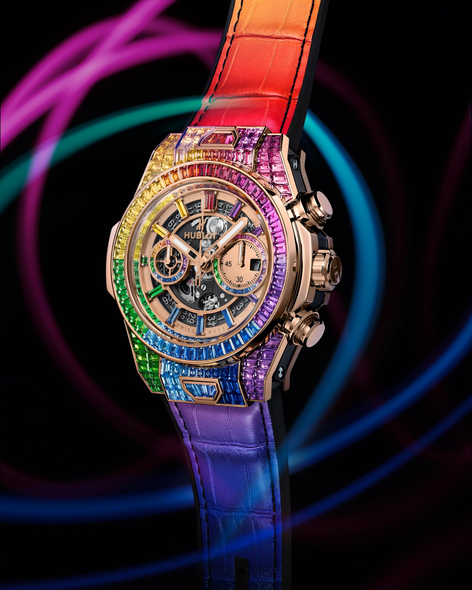 Hublot Big Bang Unico Full Baguette King Gold Rainbow 290 gemstones 24 carats highly colourful Watch I Love