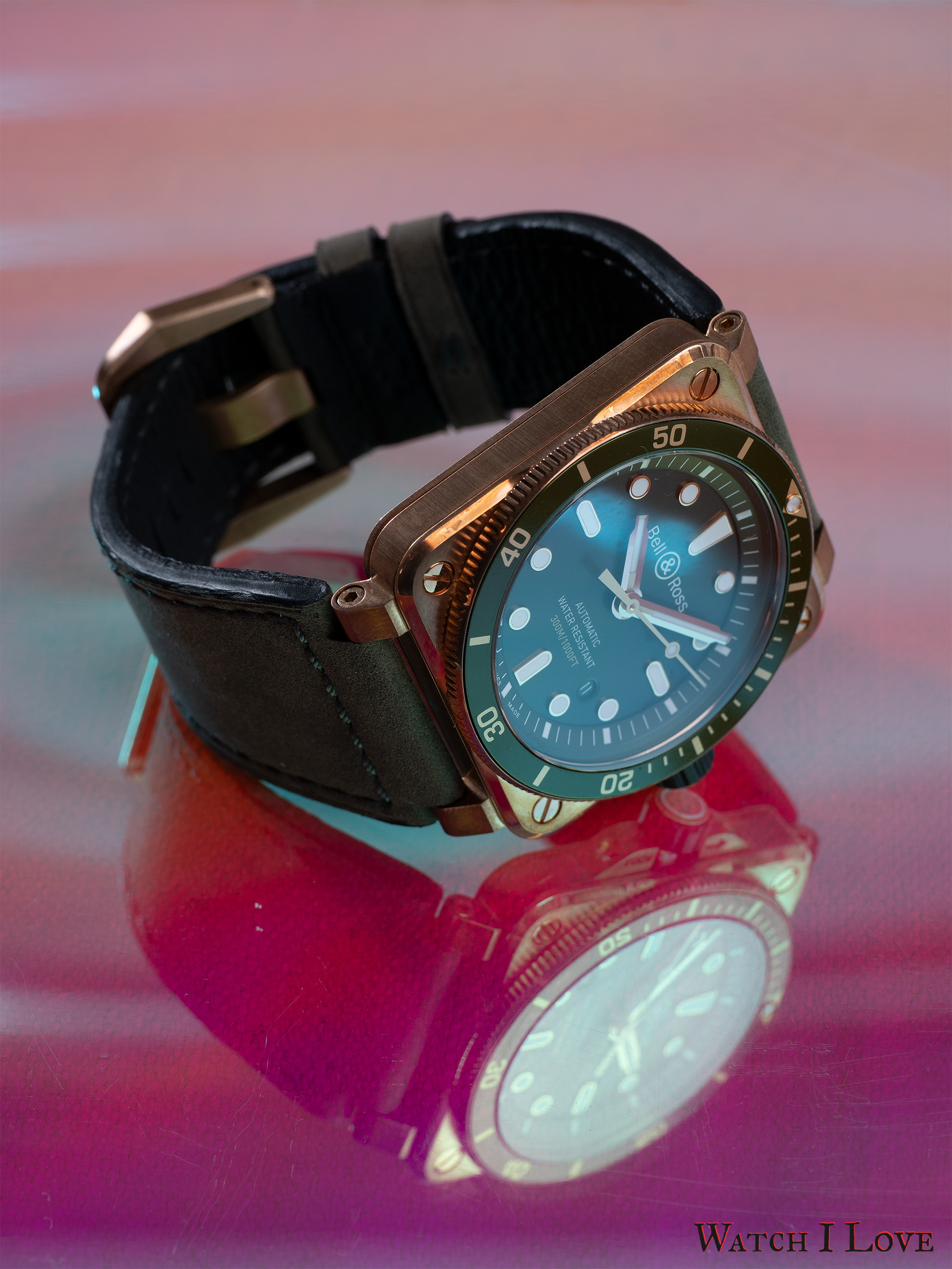 The Green Bronze Diver in a pink world